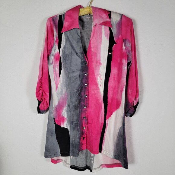 Sno Skins Womens Pink Gray Abstract 3/4 Sleeve Button-Down Tunic Top Small - Picture 1 of 8